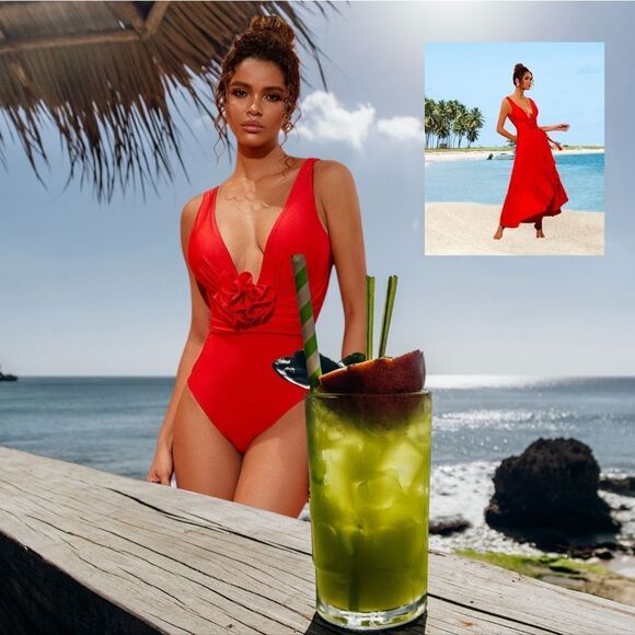 🌹New Elegant Red Plunge One Piece Swimsuit with Floral Detail - Picture 3 of 16